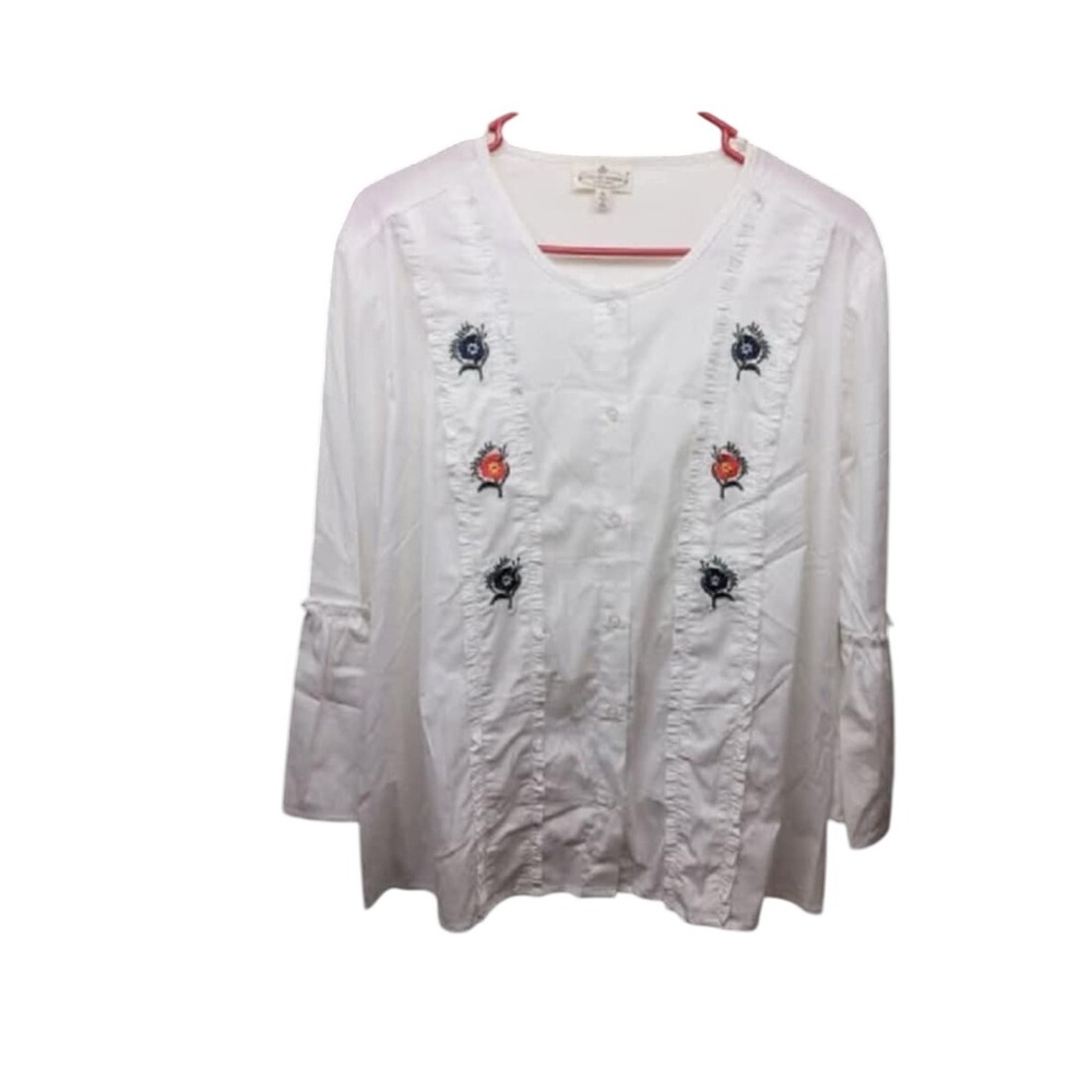 Grand Greene Women's White Embroidered Button Down‎ Top Blouse